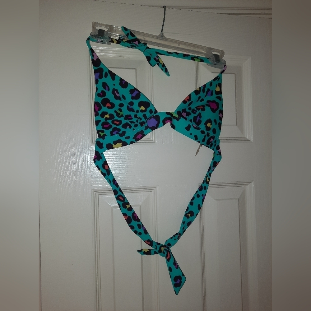 WOMENS VICTORIA SECRET AQUA BLUE LEOPARD SPOT STRING BIKINI TOP SMALL